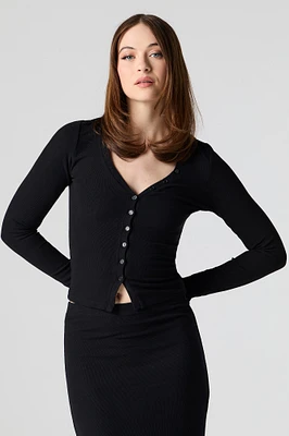 Ribbed Button-Up Long Sleeve Top