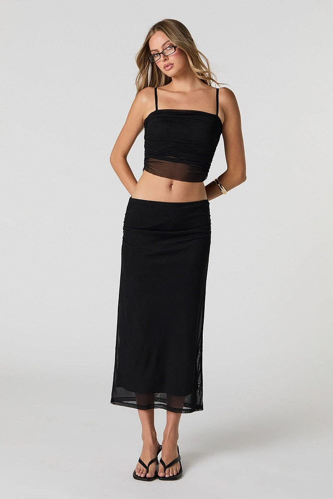 Mesh Ruched Midi Skirt