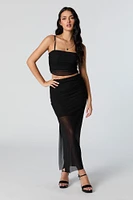 Mesh Ruched Slit Maxi Skirt