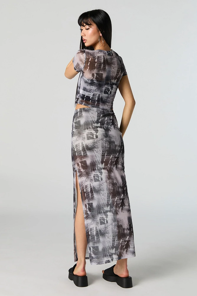 Jupe maxi en filet avec fente et motif abstrait