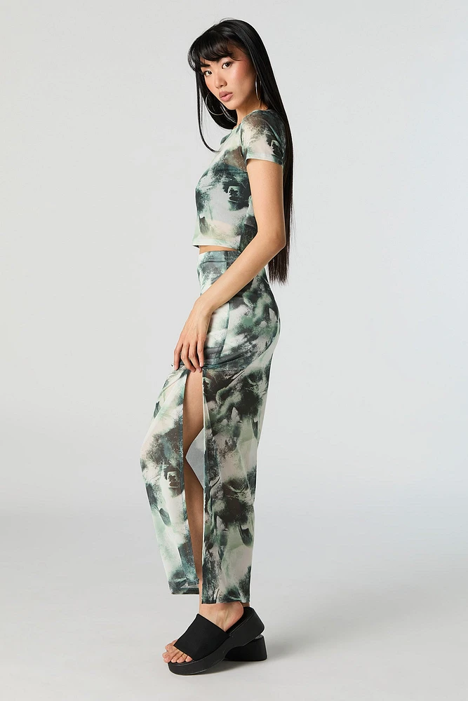 Jupe maxi en filet avec fente et motif abstrait vert