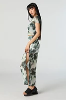 Jupe maxi en filet avec fente et motif abstrait vert