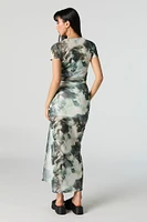 Jupe maxi en filet avec fente et motif abstrait vert