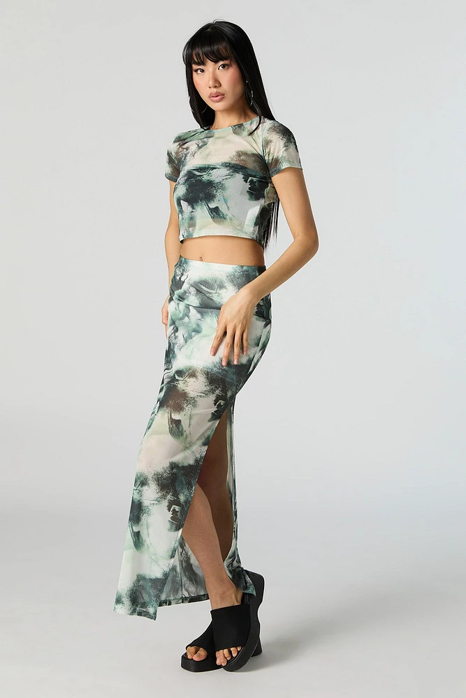 Jupe maxi en filet avec fente et motif abstrait vert