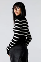 Striped Ribbed Knit Zip-Up Mock Neck Sweater