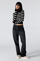 Striped Ribbed Knit Zip-Up Mock Neck Sweater