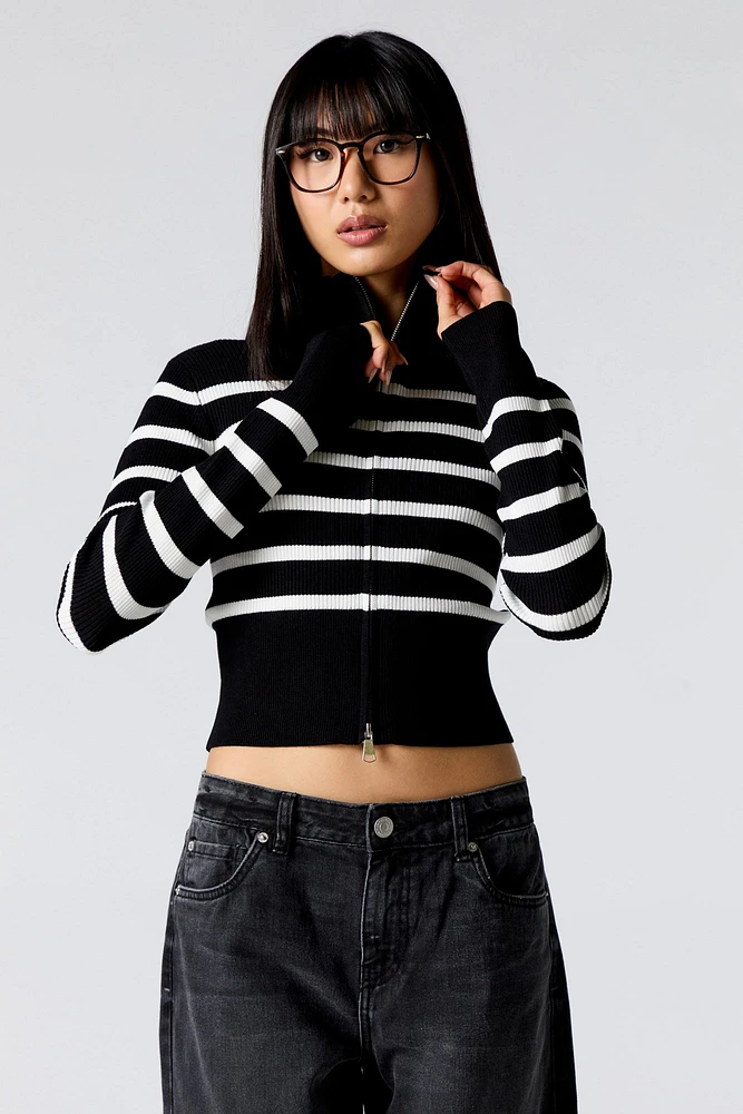 Striped Ribbed Knit Zip-Up Mock Neck Sweater