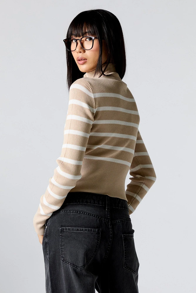 Striped Ribbed Knit Zip-Up Mock Neck Sweater