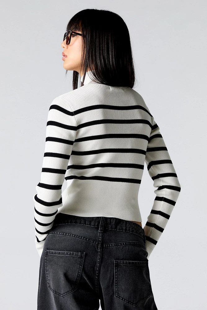 Striped Ribbed Knit Zip-Up Mock Neck Sweater