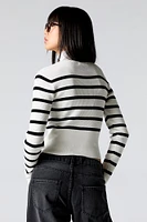 Striped Ribbed Knit Zip-Up Mock Neck Sweater