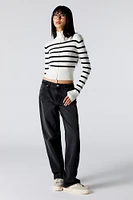 Striped Ribbed Knit Zip-Up Mock Neck Sweater