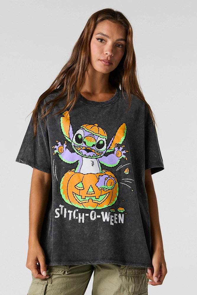 T-shirt de coupe garçonne délavé à imprimé Stich-O-Ween