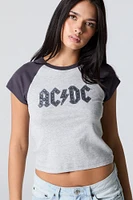 T-shirt raglan ultracourt à imprimé ACDC avec pierres du Rhin