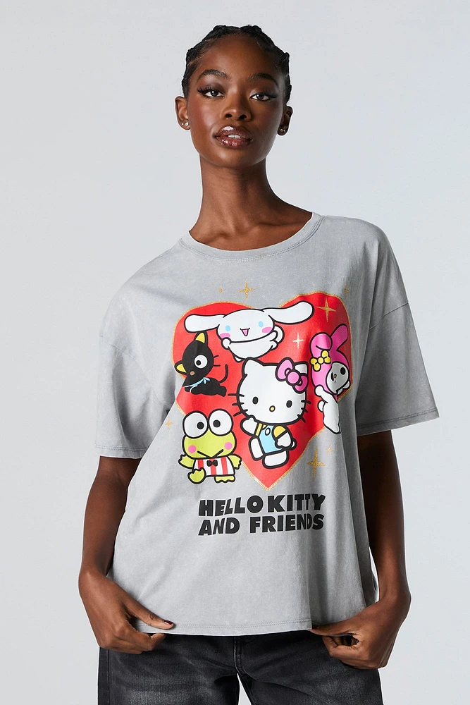 T-shirt de coupe garçonne délavé à imprimé Hello Kitty and Friends