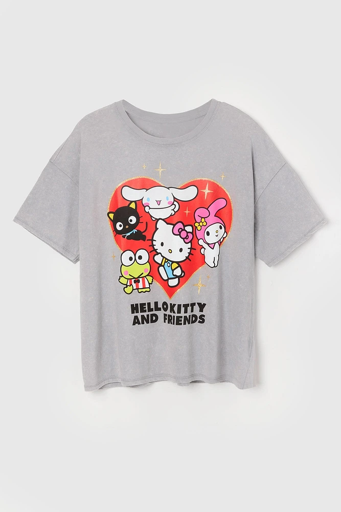 T-shirt de coupe garçonne délavé à imprimé Hello Kitty and Friends