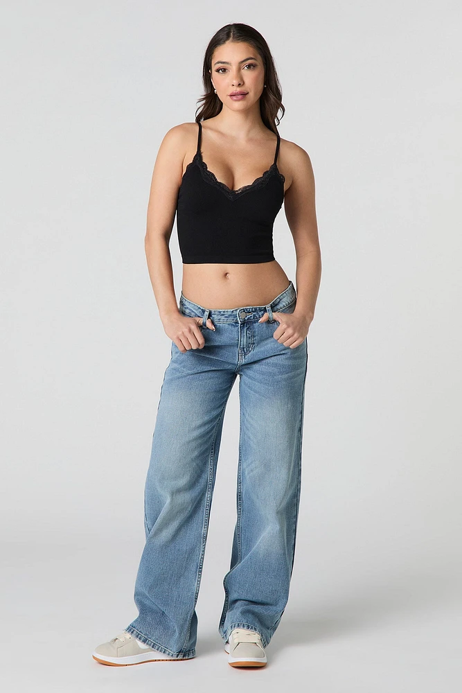Seamless Ribbed Lace Trim Cropped Cami