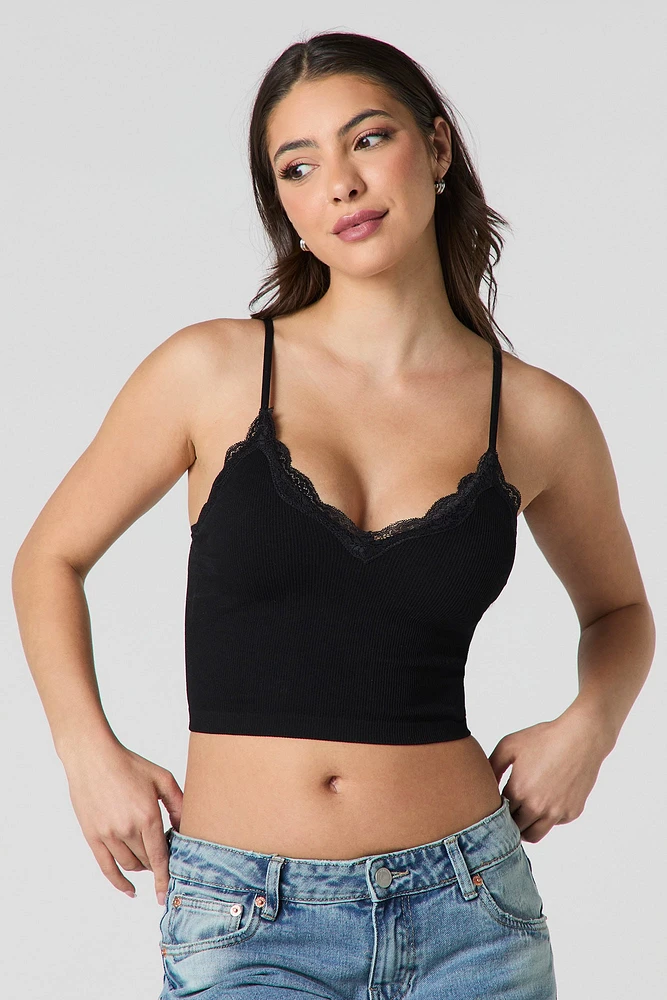 Seamless Ribbed Lace Trim Cropped Cami