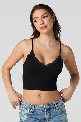 Seamless Ribbed Lace Trim Cropped Cami
