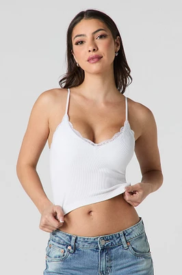Camisole côtelée courte sans couture avec liséré de dentelle