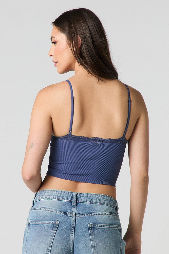 Seamless Ribbed Lace Trim Cropped Cami