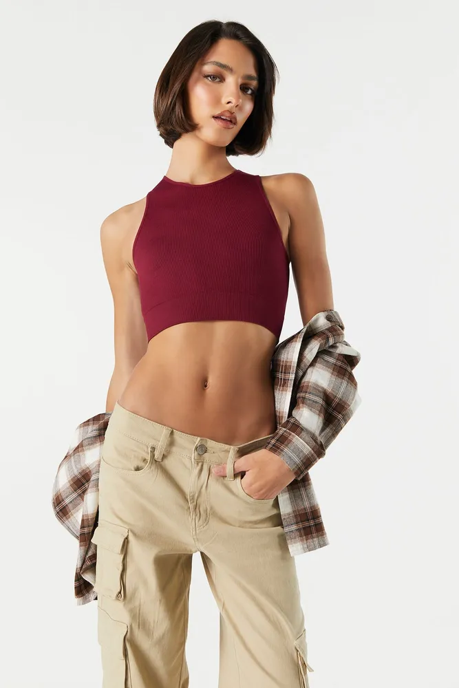 Stitches Coloured Seamless Ribbed High Neck Cropped Tank