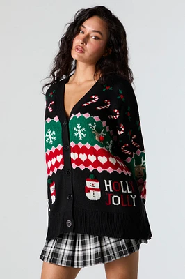 Cardigan de Noël en tricot jacquard avec imprimé Holly Jolly