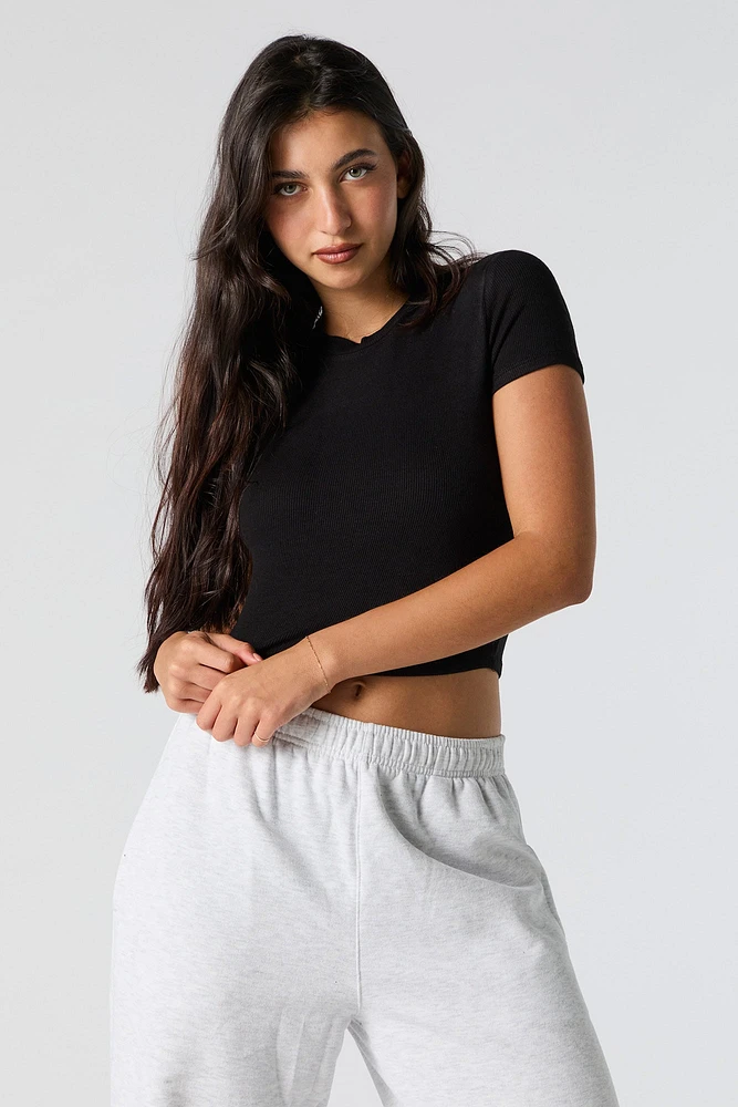 Ribbed Crew Neck Cropped Baby T-Shirt