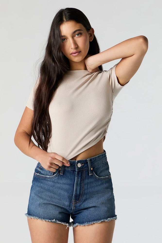 Ribbed Side Cinched Cropped T-Shirt