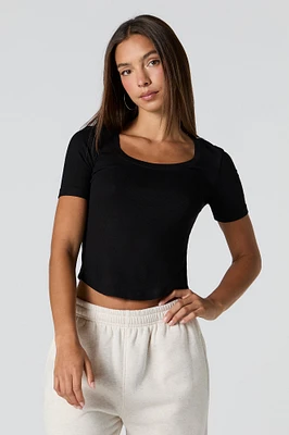 Ribbed Curved Hem T-Shirt