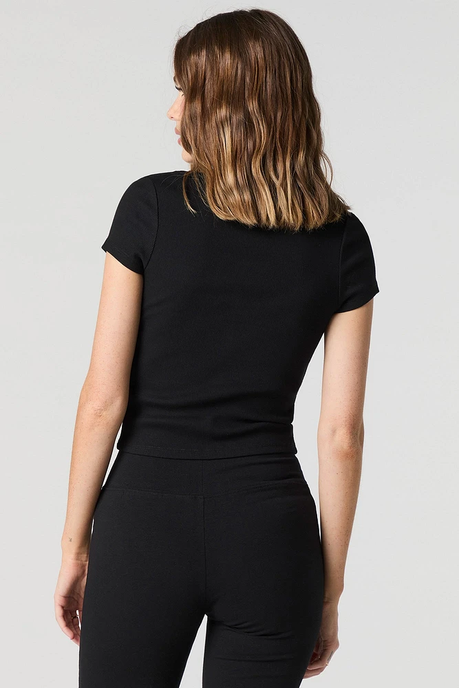 Ribbed Scoop Neck Button Front Top