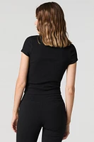 Ribbed Scoop Neck Button Front Top