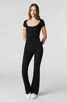 Ribbed Scoop Neck Button Front Top