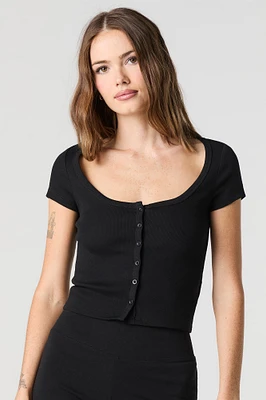 Ribbed Scoop Neck Button Front Top