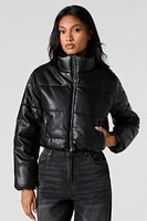 Faux Leather Cropped Puffer Jacket