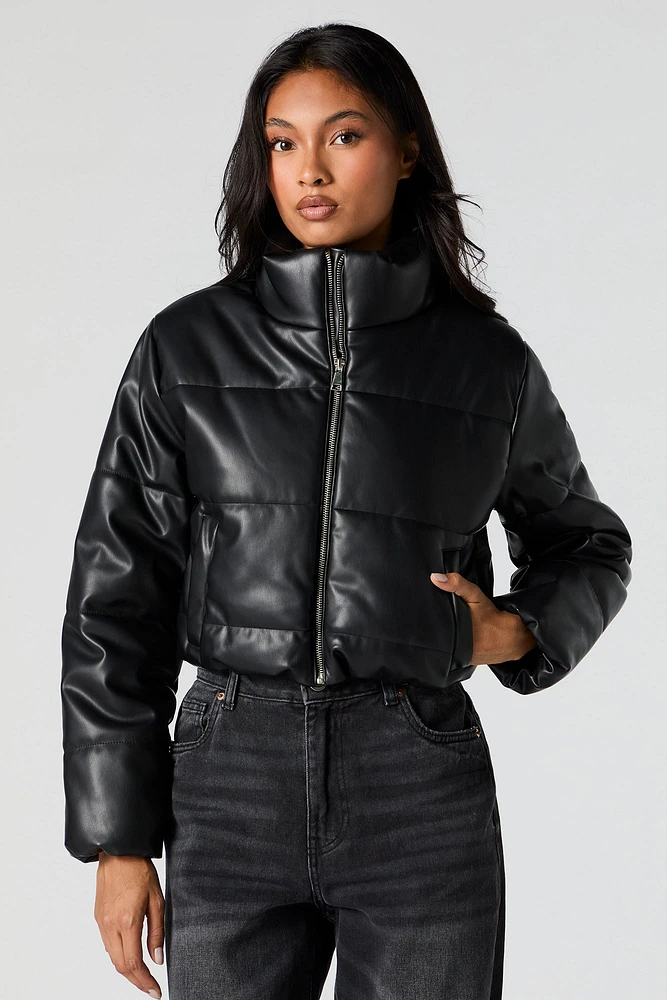 Faux Leather Cropped Puffer Jacket