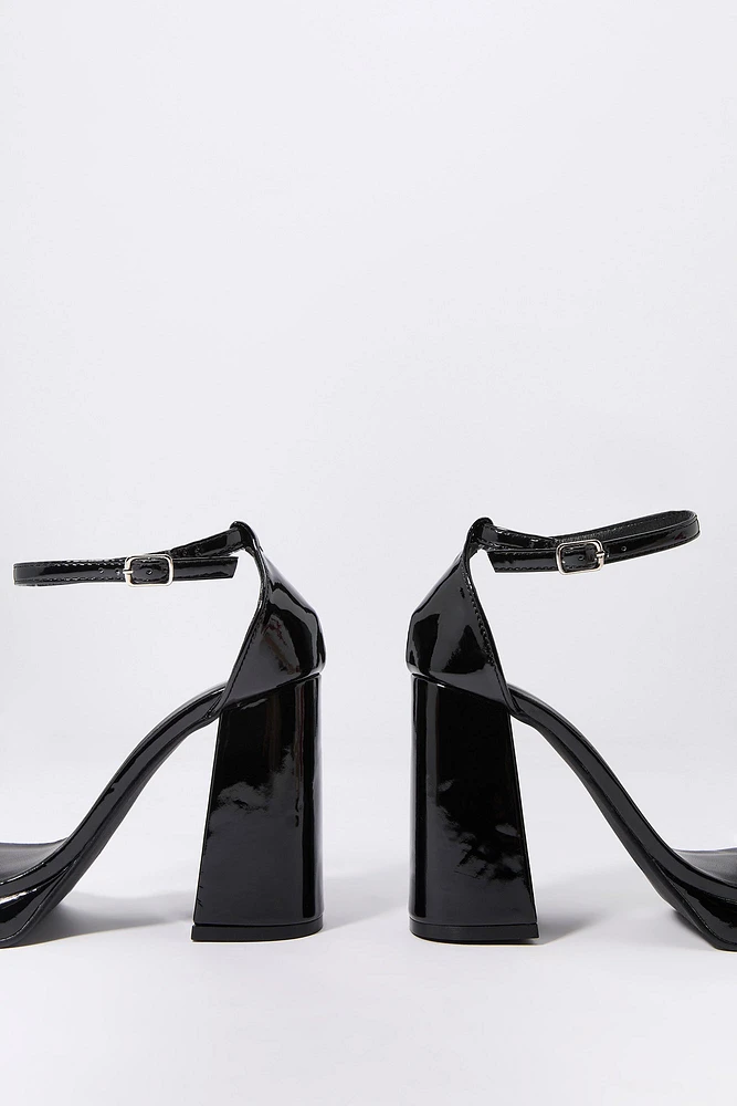 Faux Patent Leather Open Toe Platform Heel