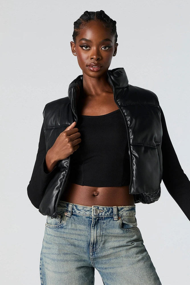 Faux Leather Cropped Puffer Vest