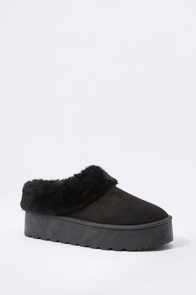 Faux Fur Collared Platform Slipper Bootie