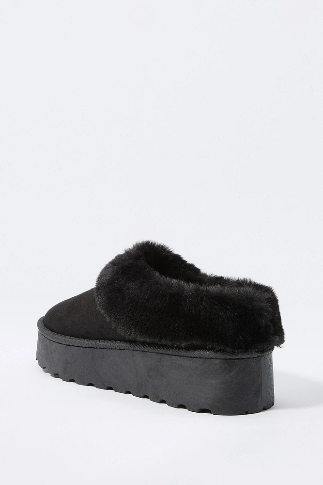 Faux Fur Collared Platform Slipper Bootie