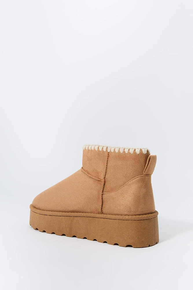 Faux Suede Stitched Edge Platform Booties