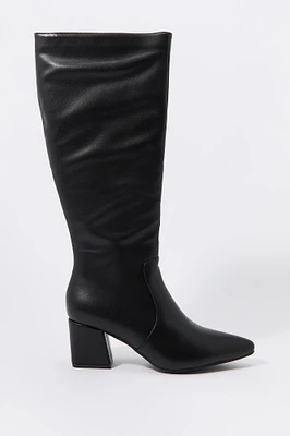 Faux Leather Pointed Toe Knee High Boot