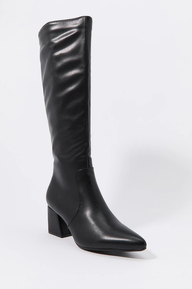 Faux Leather Pointed Toe Knee High Boot