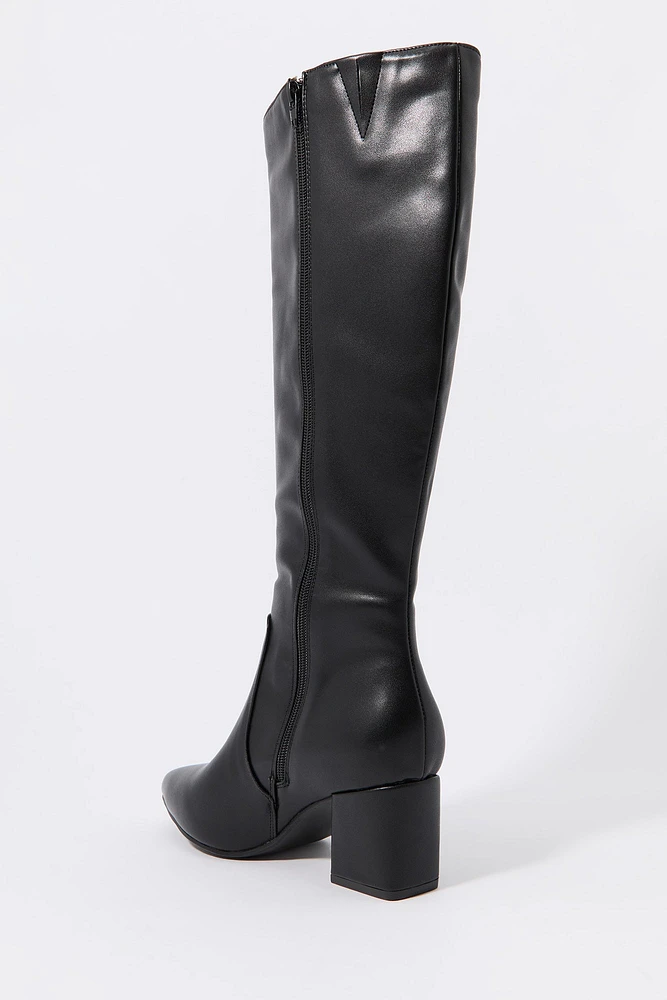 Faux Leather Pointed Toe Knee High Boot