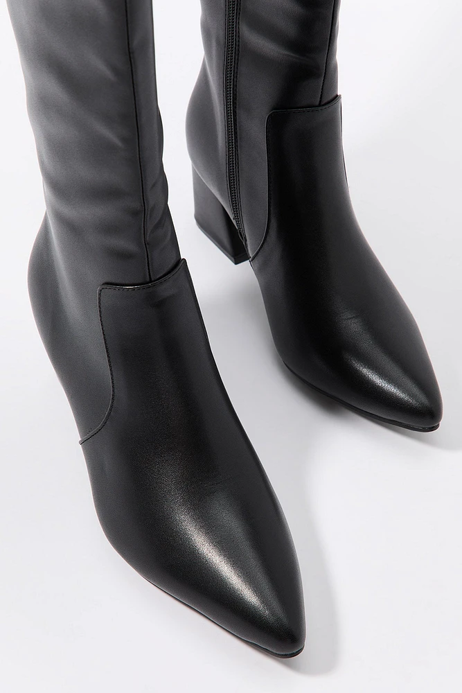 Faux Leather Pointed Toe Knee High Boot