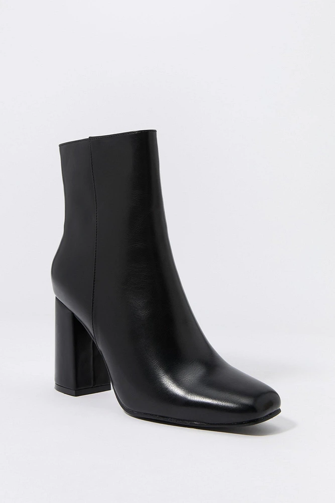Faux Leather Square Toe Heeled Boot