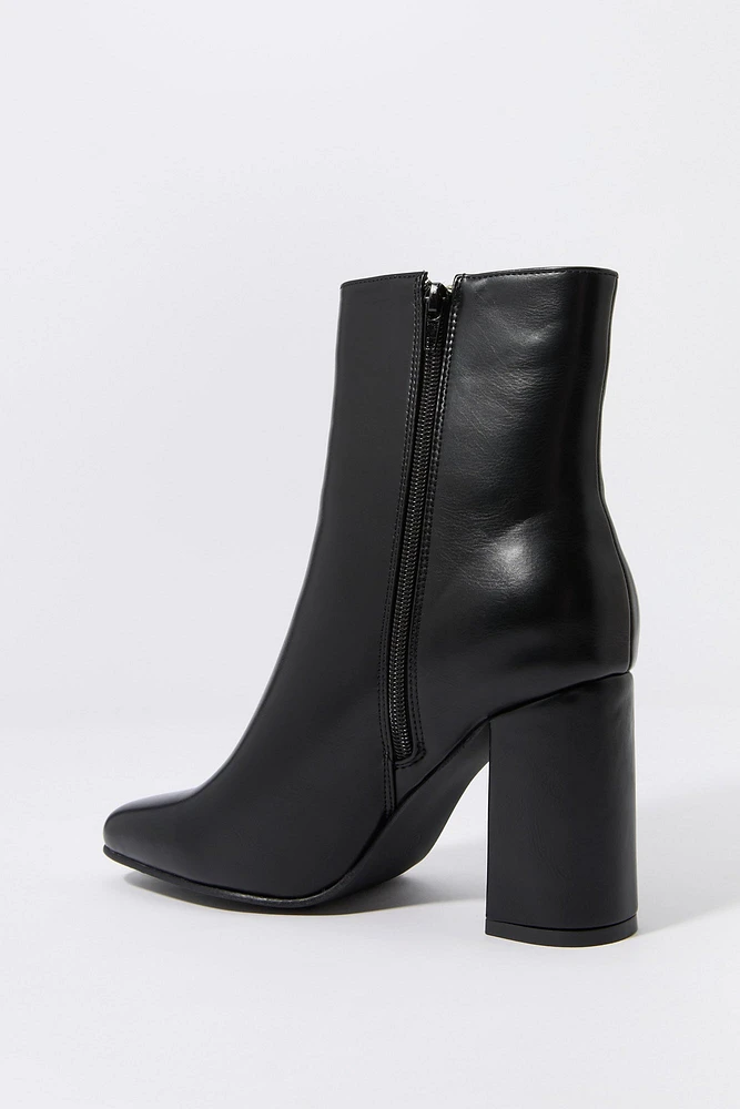 Faux Leather Square Toe Heeled Boot