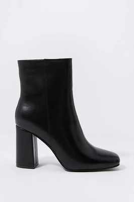 Faux Leather Square Toe Heeled Boot