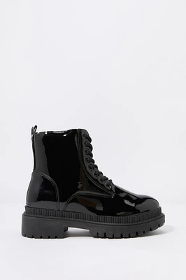 Faux- Patent Leather Lace Up Boot