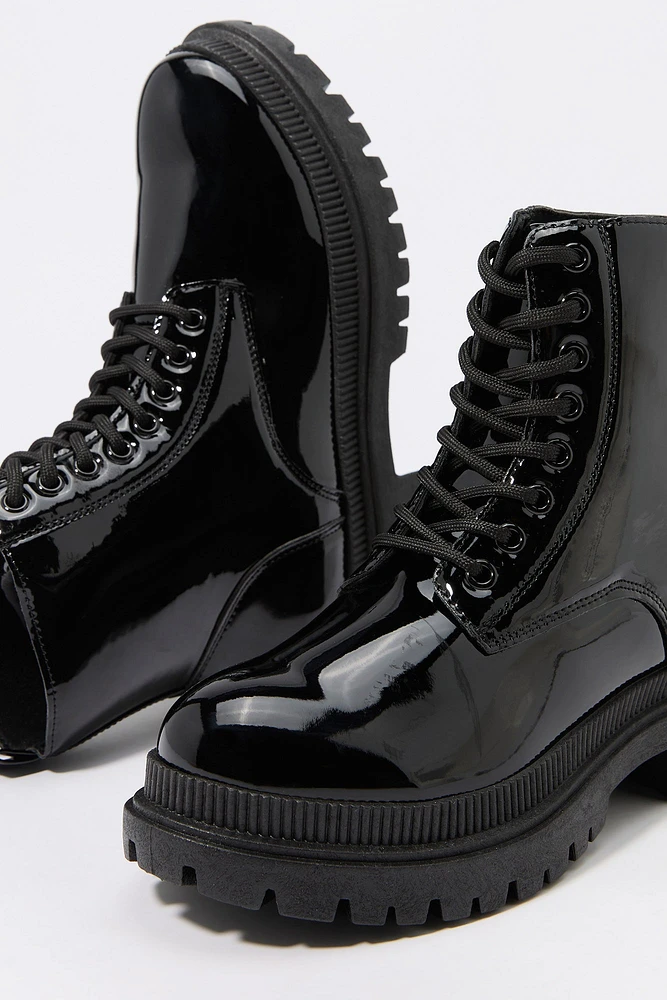 Faux- Patent Leather Lace Up Boot