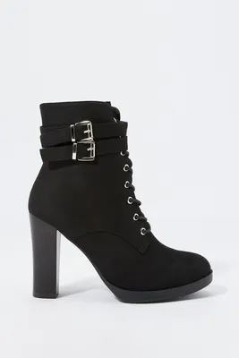 Faux-Suede Lace-Up Buckled Platform Boot
